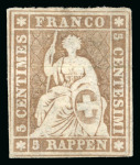 Stamp of Switzerland / Schweiz » Sitzende Helvetia Ungezähnt » 1856-57 Berner Druck (II) 1856, 5 Rp. braun 1. Berner Druckperiode, ungebraucht mit Originalgummi