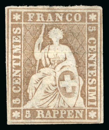 Stamp of Switzerland / Schweiz » Sitzende Helvetia Ungezähnt » 1856-57 Berner Druck (II) 1856, 5 Rp. braun 1. Berner Druckperiode, ungebraucht mit Originalgummi