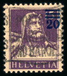 Stamp of Switzerland / Schweiz » Schweiz ab 1907 1921 Aufbrauchsausgaben 20 auf 15 Rp. im seltenen Dunkelviolett 150C, entwertet mit schwarzem Maschinenstempel « POSTCHECK SPART NOTEN UND BARGELD. »