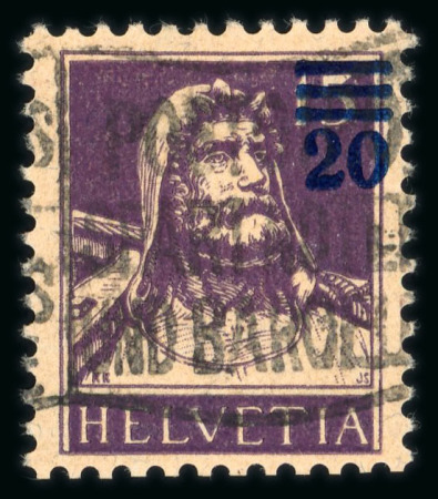 Stamp of Switzerland / Schweiz » Schweiz ab 1907 1921 Aufbrauchsausgaben 20 auf 15 Rp. im seltenen Dunkelviolett 150C, entwertet mit schwarzem Maschinenstempel « POSTCHECK SPART NOTEN UND BARGELD. »