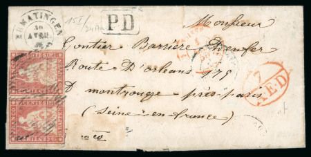 Stamp of Switzerland / Schweiz » Sitzende Helvetia Ungezähnt » Münchner Druck, 2. Auflage 1854 15 Rp. rot, 2. Münchner Druckperiode im Paar, auf Auslandsbrief von Ermatingen nach Montrouge (Frankreich)