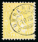 Stamp of Switzerland / Schweiz » Sitzende Helvetia Gezaehnt » Briefmarken 1881 Faserpapier 1881 Sitzende Helvetia 15 Rp. gelb auf Faserpapier, prachtvoll entwertet mit seltenem Zwergstempel « Dürrenroth 18. VIII »