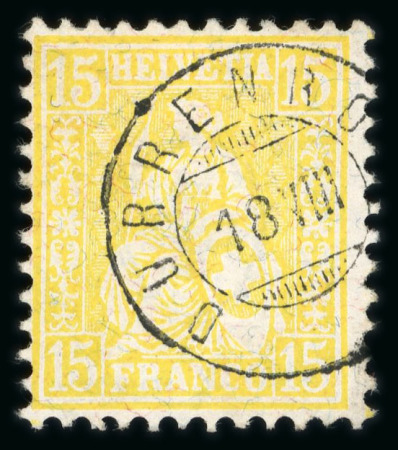 Stamp of Switzerland / Schweiz » Sitzende Helvetia Gezaehnt » Briefmarken 1881 Faserpapier 1881 Sitzende Helvetia 15 Rp. gelb auf Faserpapier, prachtvoll entwertet mit seltenem Zwergstempel « Dürrenroth 18. VIII »