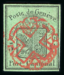 Stamp of Switzerland / Schweiz » Kantonalmarken » Genf 1848 Genf, grosser Adler dunkelgrün, entwertet mit klarer, zentrischer und voll aufgesetzter Genfer Rosette