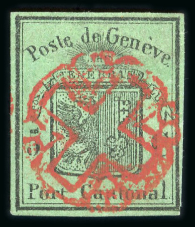 Stamp of Switzerland / Schweiz » Kantonalmarken » Genf 1848 Genf, grosser Adler dunkelgrün, entwertet mit klarer, zentrischer und voll aufgesetzter Genfer Rosette