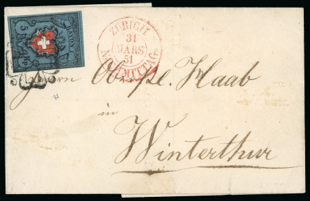 Stamp of Switzerland / Schweiz » Rayonmarken » Rayon I, dunkelblau mit Kreuzeinfassung 1850, Rayon I dunkelblau mit Kreuzeinfassung, Type 7 Stein A2-U, auf Brief von Zürich nach Winterthur