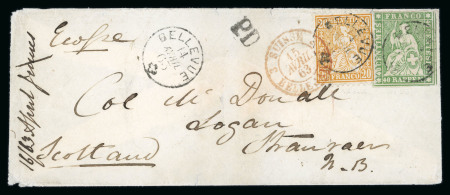 Stamp of Switzerland / Schweiz » Sitzende Helvetia Ungezähnt » Sitzende Mischfrankaturen 1863, Strubel 40 Rp. grün, 4. Berner Druckperiode und Sitzender Helvetia 20 Rp. orange als 60 Rp. Mischfrankatur, auf Brief von Bellevue nach Stranraer (Schottland)