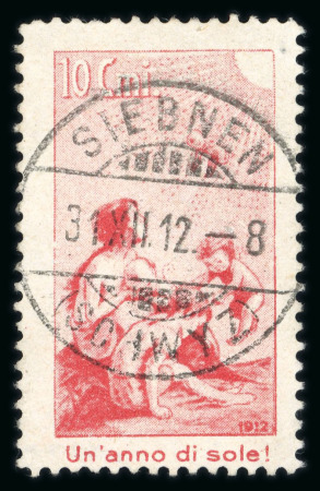 Stamp of Switzerland / Schweiz » Pro Juventute 1912, Pro Juventute Vorläufer Italienisch, entwertet mit voll aufgesetztem schwarzen Stempel « SIEBNEN 31.XII.12-8 (SCHWYZ) »