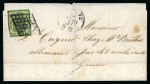Stamp of Switzerland / Schweiz » Kantonalmarken » Genf 1851, grosser Adler gelbgrün auf Stadtfaltbrief von Genf, schön entwertet mit seltener schwarzer Genfer Gitterraute