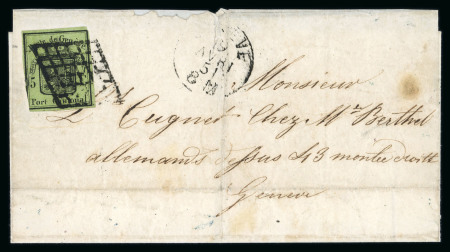 Stamp of Switzerland / Schweiz » Kantonalmarken » Genf 1851, grosser Adler gelbgrün auf Stadtfaltbrief von Genf, schön entwertet mit seltener schwarzer Genfer Gitterraute