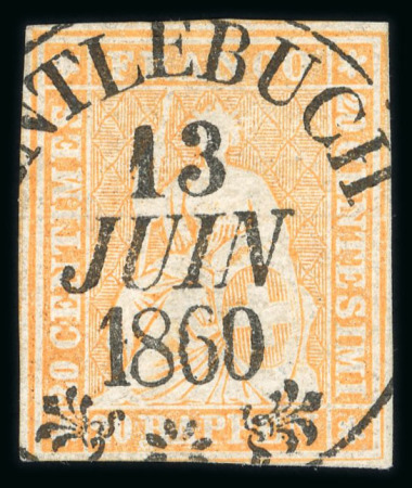 Stamp of Switzerland / Schweiz » Sitzende Helvetia Ungezähnt » 1857-62 Berner Druck, Dickes Papier 1860, 20 Rp. orange, 3. Berner Druckperiode entwertet mit Kreisstempel « ENTLEBUCH 13 JUIN 1860 »