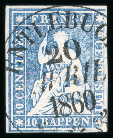 Stamp of Switzerland / Schweiz » Sitzende Helvetia Ungezähnt » 1857-62 Berner Druck, Dickes Papier 1860, 10 Rp. blau 3. Berner Druckperiode kontrastvoll entwertet mit schwarzem Kreisstempel « ENTLEBUCH 20 APRIL 1860 »