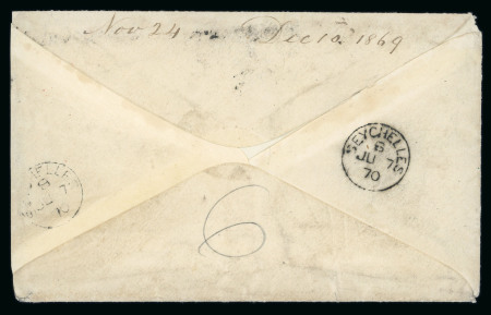 1870 (Jun 7) envelope from Seychelles to Utah, USA, with Mauritius 1860-63 9d block of four