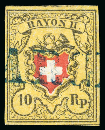 Stamp of Switzerland / Schweiz » Rayonmarken » Rayon II, gelb, ohne Kreuzeinfassung (STEIN E) 1850, Rayon II, Type 4, Stein E-LU, kontrastvoll entwertet mit seltenem blauen CHARGE