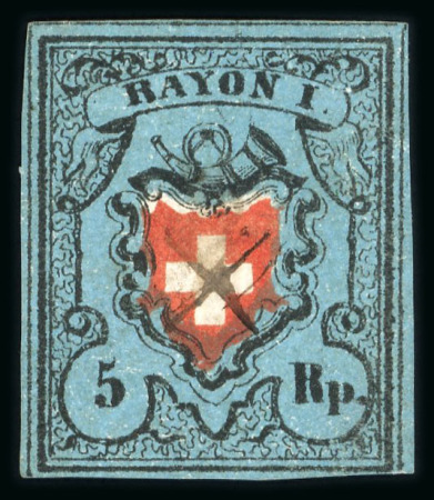 Stamp of Switzerland / Schweiz » Rayonmarken » Rayon I, dunkelblau ohne Kreuzeinfassung 1850, Rayon I dunkelblau ohne Kreuzeinfassung, Type 24, Stein A2-U, entwertet mit schwarzem Tintenkreuz