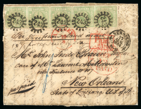 Stamp of German States » Bavaria 1854 9kr green-blue horizontal strip of five (combination of type I and II), on entire to the USA