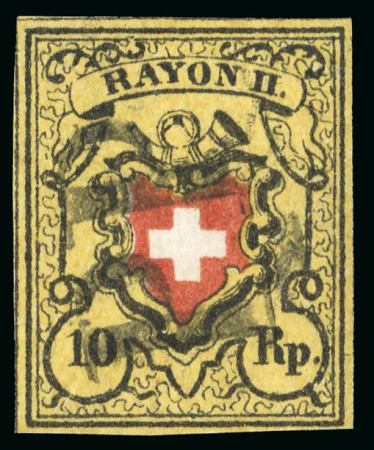 Stamp of Switzerland / Schweiz » Rayonmarken » Rayon II, gelb, ohne Kreuzeinfassung (STEIN D) 1850, Rayon II, Type 24, Stein D-LU, zentrisch entwertet mit voll aufgesetztem schwarzen PP