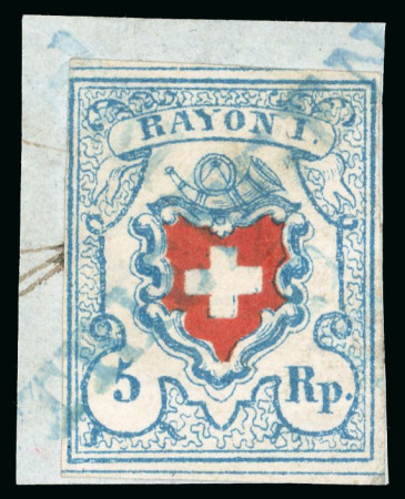 Stamp of Switzerland / Schweiz » Rayonmarken » Rayon I, hellblau, ohne KE (STEIN C2) 1851, Rayon I, Type 31, Stein C2-LO, dekorativ entwertet mit blauem Stabstempel « TRIENGEN »
