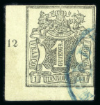 Stamp of German States » Hannover 1851 1Ggr black on light green corner marginal showing row number “12” in left margin, used