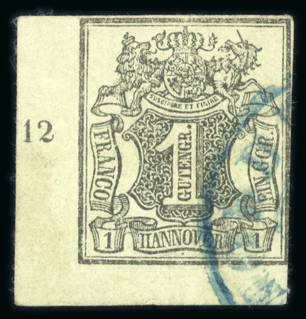 Stamp of German States » Hannover 1851 1Ggr black on light green corner marginal showing row number “12” in left margin, used