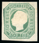 Stamp of Portugal 1862 50r, two unused examples in blue green (with full gum, hinged) and yellow green (no gum)