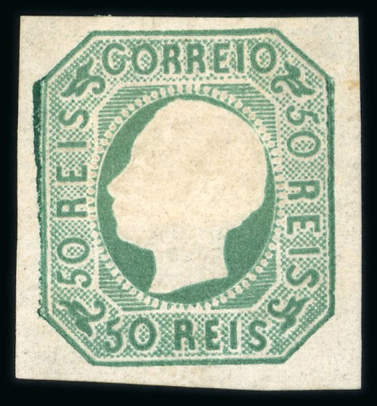 Stamp of Portugal 1862 50r, two unused examples in blue green (with full gum, hinged) and yellow green (no gum)
