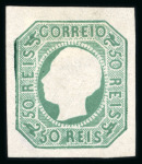 Stamp of Portugal 1862 50r, two unused examples in blue green (with full gum, hinged) and yellow green (no gum)