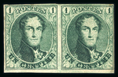 Stamp of Belgium 1861 1c green mint pair with part original gum