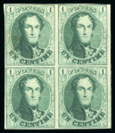 Stamp of Belgium 1861 1c green mint block of four with full original gum