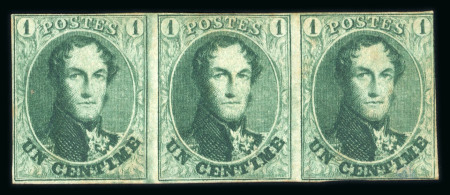 Stamp of Belgium 1861 1c green unused strip of three