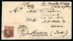 Stamp of France » Lettres Classiques 1851, Lettre à destination de Madras en Inde affranchie Cérès Y&T n°6A 1f brun rouge