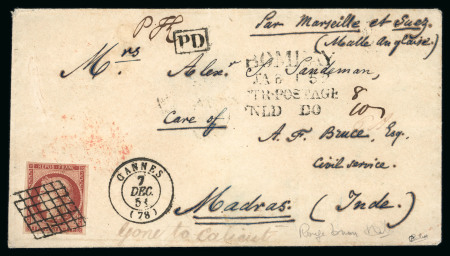 Stamp of France » Lettres Classiques 1851, Lettre à destination de Madras en Inde affranchie Cérès Y&T n°6A 1f brun rouge