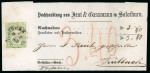 Stamp of Switzerland / Schweiz » Sitzende Helvetia Ungezähnt » 1856-57 Berner Druck (II) 40 Rp. grün 2. Berner Druckperiode, auf unvollständigem Streifband von Solothurn nach Trübbach
