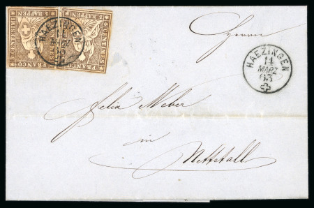 Stamp of Switzerland / Schweiz » Sitzende Helvetia Ungezähnt » 1857-62 Berner Druck, Dickes Papier 1863, 2 Einzelmarken 5 Rp. braun 4. Berner Druckperiode, auf Brief von Häzingen nach Nettstal