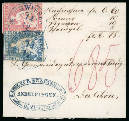 Stamp of Switzerland / Schweiz » Sitzende Helvetia Ungezähnt » 1856-57 Berner Druck (II) 1858, 10 Rp. blau, 2. Berner Druckperiode zusammen mit Strubel 15 Rp. rot, auf Nachnahme-Brief