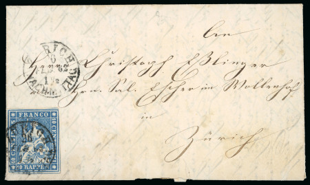 Stamp of Switzerland / Schweiz » Sitzende Helvetia Ungezähnt 4 Briefe, dabei 24B mit Bogenrand auf Brief von Chur nach Rheinfelden