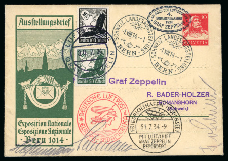 Stamp of Germany » German Empire 1914 (Aug 1) Swiss 10c "Exposition Nationale" stationery re-used on the Graf Zeppelin 4th South America flight