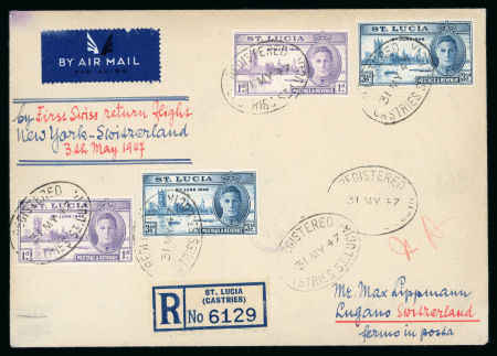 Stamp of St. Lucia 1947 (May 31) airmail endorsed "by First Swiss Return Flight / New York-Switzerland"