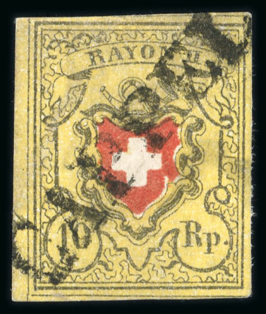 Stamp of Switzerland / Schweiz » Rayonmarken » Rayon II, gelb, ohne Kreuzeinfassung (STEIN D) 1850, Rayon II, Type 17, Stein D-RO, entwertet mit voll aufgesetztem schwarzen Stabstempel « CAPPEL »