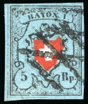 Stamp of Switzerland / Schweiz » Rayonmarken » Rayon I, dunkelblau ohne Kreuzeinfassung 1850, Rayon I ohne Kreuzeinfassung in der grauvioletten Nuance, Type 33, prachtvoll entwertet mit doppelt aufgesetzter Raute von Yverdon
