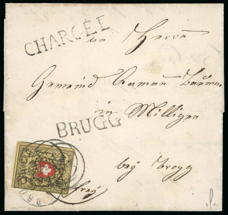 Stamp of Switzerland / Schweiz » Rayonmarken » Rayon II, gelb, ohne Kreuzeinfassung (STEIN E) 1854, Rayon II, Type 6, Stein E-RU, zentrisch entwertet mit vierfach aufgesetztem schwarzen Fingerhut-Stempel « BRUGG 16 MAI 54 »