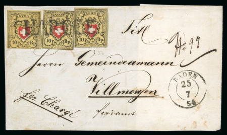 Stamp of Switzerland / Schweiz » Rayonmarken » Rayon II, gelb, ohne Kreuzeinfassung (STEIN E) 1854, Rayon II drei Einzelmarken, Typen 4-34-37 Stein E-RU, auf eingeschriebener Briefvorderseite von Baden nach Villmergen
