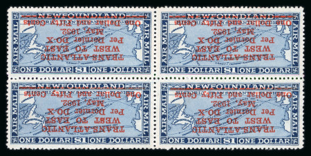 Stamp of Canada » Newfoundland World Class Airmail Rarity - 1932 (May 19) $1.50 on $1 deep blue "Dornier DO-X" with surcharge inverted in mint n.h. block of four
