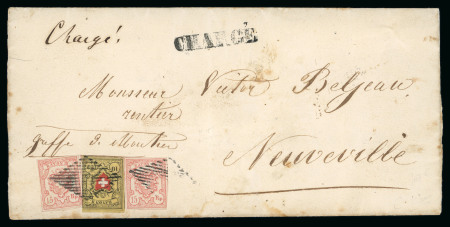 Stamp of Switzerland / Schweiz » Rayonmarken » Rayon II, gelb, ohne Kreuzeinfassung (STEIN E) 1854, Rayon II, Type 8, zusammen mit 2 Rayon III grosse Wertziffern als 40 Rp. Frankatur,  auf eingeschriebenem Faltbrief