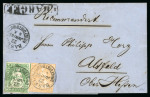 Stamp of Switzerland / Schweiz » Sitzende Helvetia Ungezähnt » 1857-62 Berner Druck, Dickes Papier 1861, 40 Rp. grün und 20 Rp. orange, 4. Berner Druckperiode, 20 Rp., auf eingeschriebenem Brief von Basel nach Alsfeld (Deutschland)