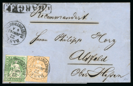 Stamp of Switzerland / Schweiz » Sitzende Helvetia Ungezähnt » 1857-62 Berner Druck, Dickes Papier 1861, 40 Rp. grün und 20 Rp. orange, 4. Berner Druckperiode, 20 Rp., auf eingeschriebenem Brief von Basel nach Alsfeld (Deutschland)