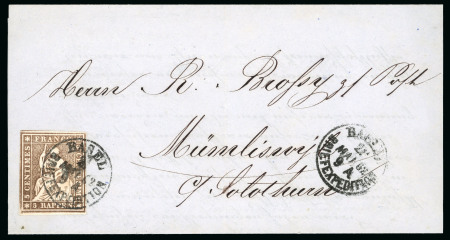 Stamp of Switzerland / Schweiz » Sitzende Helvetia Ungezähnt » 1857-62 Berner Druck, Dickes Papier 1862, 5 Rp. braun, 4. Berner Druckperiode, auf Drucksache von Basel nach Mümliswyl
