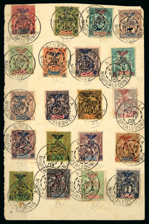 Stamp of Colonies françaises » Nouvelle-Calédonie 1903, sur fragment ensemble de 21 timbres "Cinquantenaire