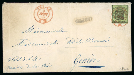 Stamp of Switzerland / Schweiz » Kantonalmarken » Genf 1848, grosser Adler gelbgrün, auf dekorativem Brief von der Enklave Céligny nach Genf