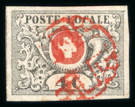 Stamp of Switzerland / Schweiz » "Waadt", "Neuenburg", "Winterthur" 1849, Waadt 4, zentrisch entwertet mit roter Genfer Rosette (AW5)